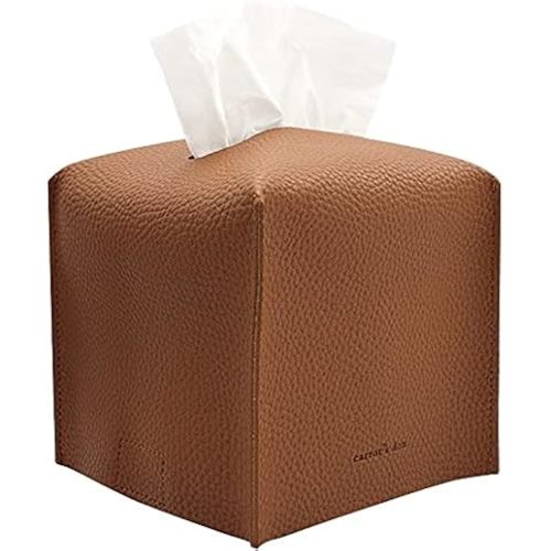 Tissue Box Cover Holder, Square with Bottom Belt by Carrot's Den - PU Leather Decorative Organizer for Tabletop, Bathroom, Car, Office | Camel