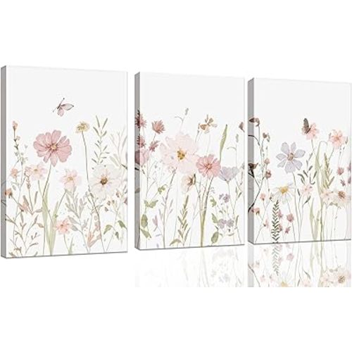 3Pcs Watercolor Wildflower Wall Art Botanical Nursery Canvas Prints Vintage Floral Pictures Flower Paintings Girls Nursery Pictures Pink Wall Decor for Living Room Bedroom Framed
