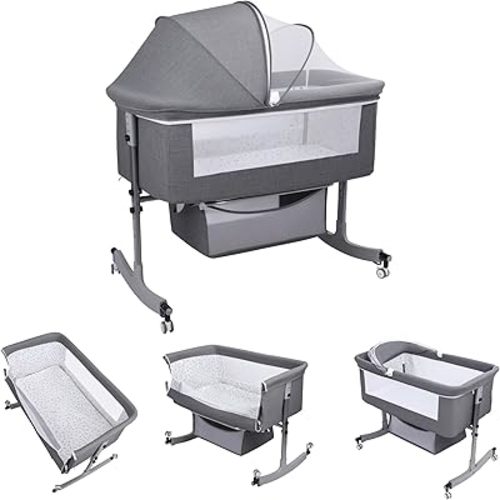 Bedside Bassinet Baby Crib, Baby Bassinets Bedside Sleeper with Large Curvature Cradle, Height Adjustable, Movable Bedside Crib with Mosquito Net and Wheels, Load-Bearing 16.5 Pounds 1 Set