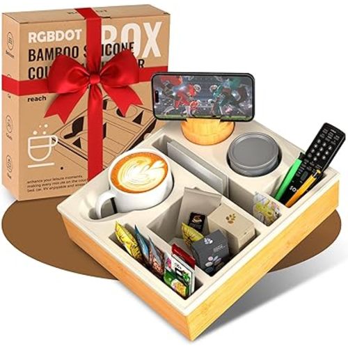 Couch Cup Holder Tray - Couch Organizer Caddy, Silicone Beach Caddy with Cup Holder, Sofa and Bed Drink Holder and Couch Tray Table for Snacks Beverage Remote (Beige)