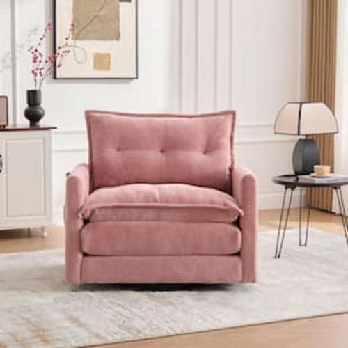 Eve Pink 36.22 in. Chenille Upholstered Accent Chair with 360° Swivel Metal Base, Thick Flared Arm, Side Pockets