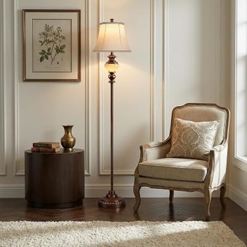 65'' Vintage Floor Lamp for Living Room, Retro Farmhouse Standing Lamp with Nightlight, Tall Lamp with Fabric Shade and Rotary Switch for Bedroom Office Dining Room Corner(LED Bulb Included)