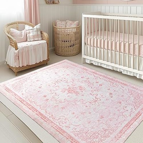Pink Rug for Office Under Desk Rolling Chairs 4x6 - Small Classroom Rug Reading Corner,Washable Bow Floral Hardwood Floor Mat for Baby Nursery Bedroom