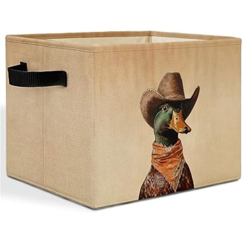 Western Cowboy Mallard Duck Storage Bins Box with Handles, Mallard Duck Nursery Decor, Ducks Laundry Basket Hamper Collapsible Clothes Toys Organizer for Kids Boys Bedroom Bathroom