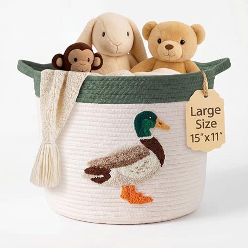 Sawysine Mallard Storage Basket with Handles for Nursery Large 15"x11" Cotton Rope Bin with Soft Felt Mallard Patch for Nursery Room Home Toys Cloths Laundry Organizer