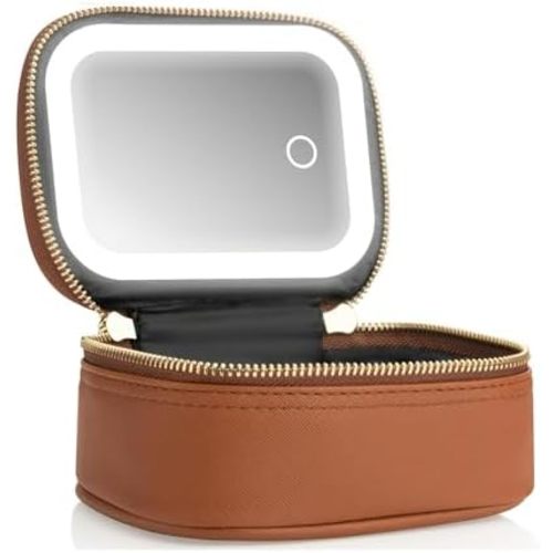 Mini Makeup Bag with Led Mirror, Small Travel Make up Bag 3 Light Modes Adjustable Brightness, for Women Organizer Cosmetic Bag, Portable Travel Train Toiletry Bag, for Pool Parties Work Touch-Ups