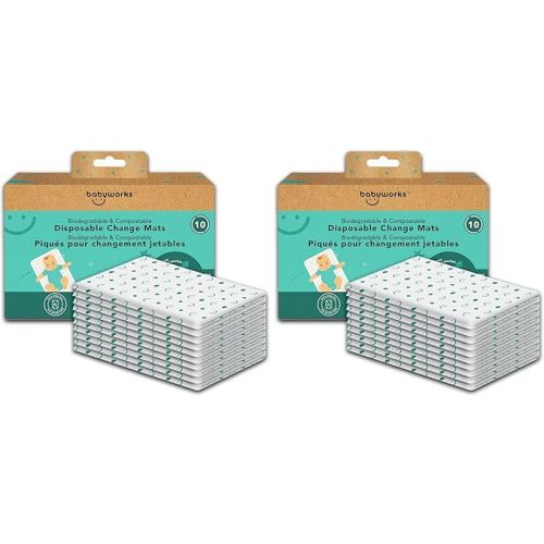 Baby Works - Disposable, Biodegradable, & Compostable Change Mats. Waterproof & Leak-Proof Changing Pad, Super Soft, for Babies & Toddlers - 68x45 cm, 10 Count (Pack of 2)