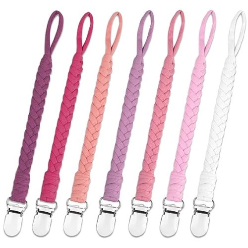 7 Pcs Pacifier Clip, Pacifier Clips for Boys & Baby Girls Pacifier Holder Clip Binky Clips Braided 100% Handmade Fits All Pacifiers(Pink, 7 Pack)