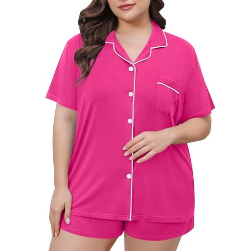 SWOMOG Women's Plus Size Pajamas Set Button Down Tops Short Sleeve Sleepwear Soft Pajama Shorts 2 Pcs Lounge Sets With Pocket