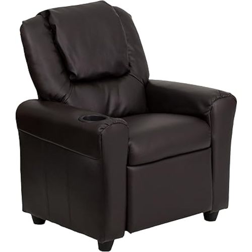 Flash Furniture Vana LeatherSoft Kids Recliner with Cup Holder, Headrest, and Safety Recline, Contemporary Reclining Chair for Kids, Supports up to 90 lbs., Brown