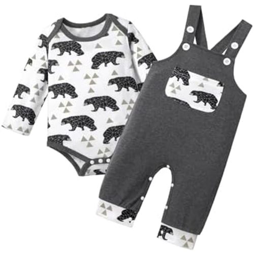 Baby Boy Clothes Long Sleeve Animal Plaid Romper + Overalls Infant Boy Clothes 2PCS Fall Winter Outfits