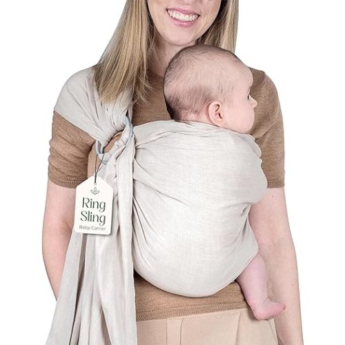 Ring Sling Baby Carrier - USA Lab Tested, 100% Natural Cotton Muslin, Breathable & Ergonomic Ring Sling Beige