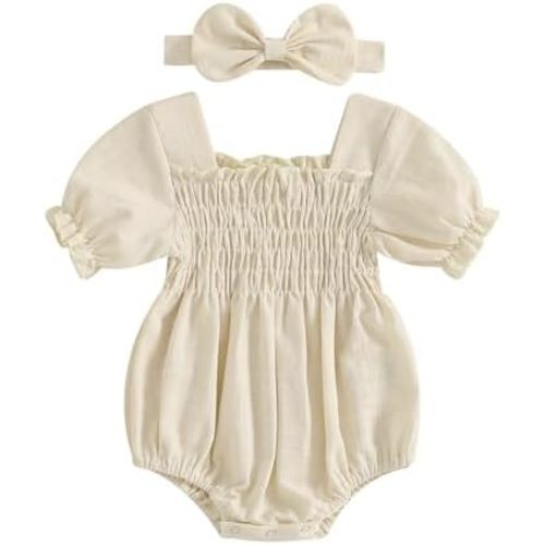 Infant Baby Girls Romper Ruffle Sleeve Pleated Smocked Bubble One Piece Ruched Jumpsuit Boho Summer Bodysuit