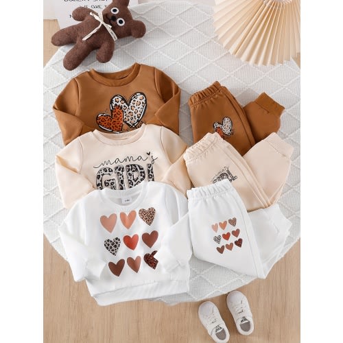 12-18mth European And American Popular Autumn And Winter Baby Girls And Children's Clothing Suits Of Six Pieces, Leopard Print Heart Print Trendy Pullover, Casual Straight Pants, Casual Fashion, Perfect for Outdoor