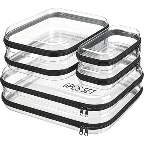 6 Pack Clear Hard Shell Zipper Case Clear Zipper Pouches Waterproof Makeup Organizer & Travel Toiletry Bag (Black, 6Pcs(2S,2M,2L))