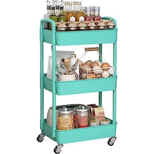 Sywhitta 3-Tier Plastic Rolling Utility Cart with Handle, Multi-Functional Storage Trolley for Office, Living Room, Kitchen, Movable Storage Organizer with Wheels, Green