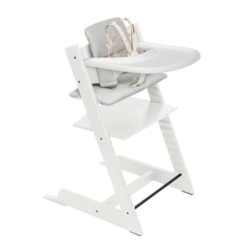 Stokke Tripp Trapp High Chair 2 (Natural), Cushion 2 (Nordic Grey) + Stokke Tray (White) - Includes Chair + Baby Set with Removable Harness for Children 6-36 Months