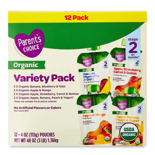 Parent's Choice Organic Baby Food Variety Pack, Stage 2, 4 oz Pouches, 12 Count