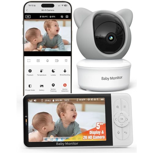 Baby Monitor - Large 5" Screen with 30Hrs Battery Life - Remote Pan-Tilt-Zoom;No WiFi, Two-Way Audio, Night Vision, Temperature, Lullabies, 960ft Long Range Baby Monitor with Camera and Audio