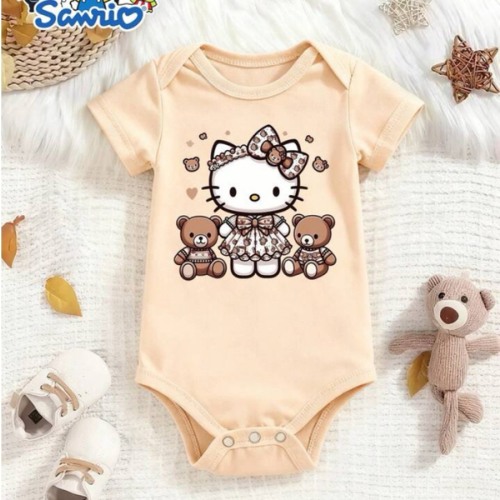 [Sanrio Authorization] Character: Hello Kitty; Elements: Leopard Print Decoration, Teddy Bear Dolls, Hearts; Copy: (No Additional Copy) Cartoon PrintShort-Sleeve Romper For Babies, Pure Cotton Newborn Crawling Suit, Super Value The Gift For The Baby Soft