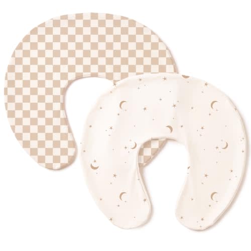 Konssy 2 Pack Nursing Pillow Covers, Soft Stretchy Cover for Breastfeeding | Covers Only, Milk Silk Fabric, Breathable & Machine Washable, Slipcovers for Newborn Baby Boy Girl, (Moon,coffee Check)