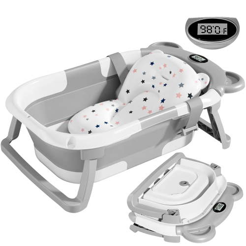 Collapsible Baby Bathtub with Thermometer and Floating Cushion