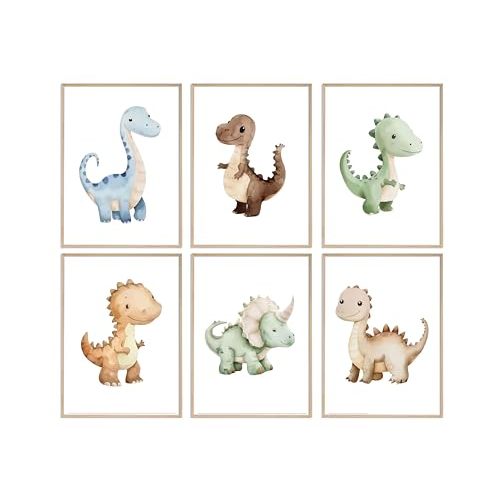 6Pcs Dinosaur Nursery Wall Art Watercolor Dino Toddler Wall Decor Unframed | Dinosaur Kids Room Canvas Prints Cute Dino Posterfor Nursery Bedroom Baby Boy Playroom