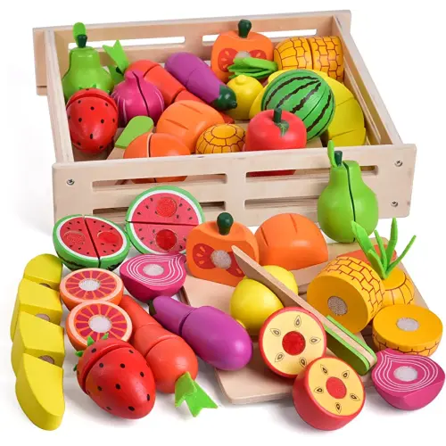 FUN LITTLE TOYS 35PCS Wooden Play Food for Kids Kitchen, Pretend Cutting Food Toys with Wooden Tray, Dishes and Knife for Kids, Pretend Play Food