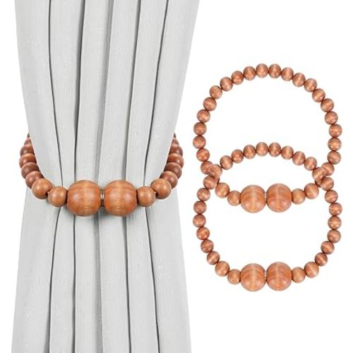 Magnetic Curtain Tiebacks, 2 Pack Curtain Holdbacks for Draperies, Wood Bead Curtain Tiebacks, Curtain Tie Backs for Bedroom Decor, Boho Room Decor, Nursery Decor, Farmhouse Decor, Office Decor
