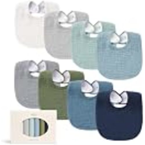 Konssy 8-Pack Muslin Baby Bibs, Adjustable Fit for Drooling and Teething | Soft Absorbent, Drool Bibs for Baby Boys Girls, Cotton Front with Fleece Backing, Newborn to Toddler 0-36M (Blue)