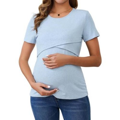 INSPIRE CHIC Women's Ribbed Knit Short Sleeve Nursing Shirts Crossover Maternity Breastfeeding Tops Medium Sky Blue