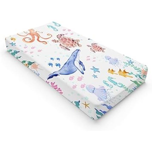 Colorful Nautical Life Changing Pad Cover Ocean Animals Corals Sea Weeds Baby Change Table Pad Cover for Boys Girls Soft Stretchy Fitted Diaper Changing Mat Sheets 32''x16''