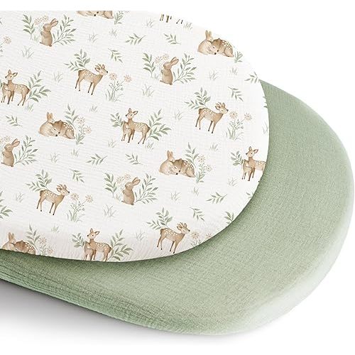 Konssy 2 Pack Muslin Bassinet Sheets for Boys, Girls, 100% Cotton Soft Breathable Fitted Bassinet Mattress Sheet, 32 x 16 inches (Woodland,Sage)