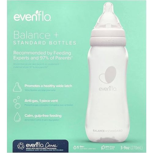 Evenflo Feeding Balance+ Bottles, Standard, 0+ Months, Slow Flow, 3 Bottles, 9 oz (270 ml)