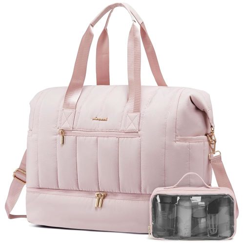 LOVEVOOK Travel Duffle Bag,Puffer Weekender Bags For Women with Shoe Compartment,42L Carry On Duffel Bags For Airplanes,Hospital Bag for Labor and Delivery,Overnight Bag With Toiletry Bag,2Pcs Set