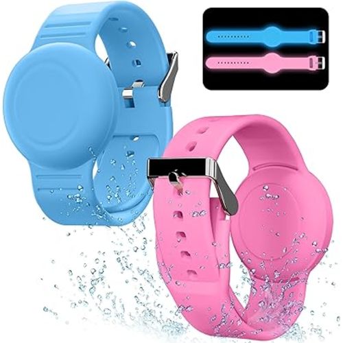 Waterproof Bracelet Compatible with Airtag (1st & 2nd Gen) for Kid, 2 Pack Soft Silicone Hidden Wristband, Lightweight Watch Band Compatible with Apple Air Tag for Child, Grow in Dark Blue & Pink