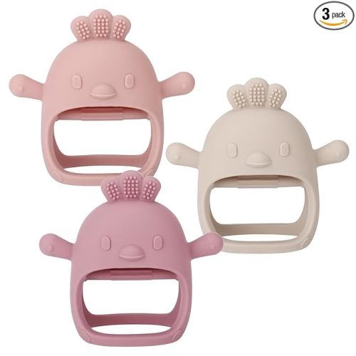 Socub 3 Pack Silicone Baby Teether Toys for Infants 3+ Months, BPA Free Anti-Drop Silicone Mitten Teething Toy for Soothing Sore Gums, Baby Chew Toys for Sucking Needs, Rose Pink,Dark Pink,Beige