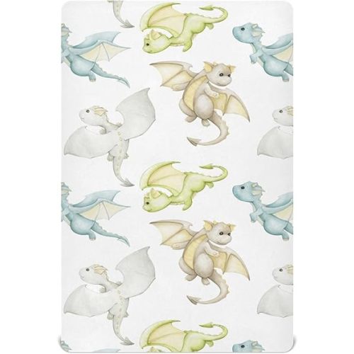 Cute Fiery Dragon Crib Sheets for Boys Girl Watercolor Cartoon Little Dragons Fitted Mattress Cover Fairy Tale Theme Toddler Baby Bed Sheets Standard Unisex Crib Sheet 28x52 Inch