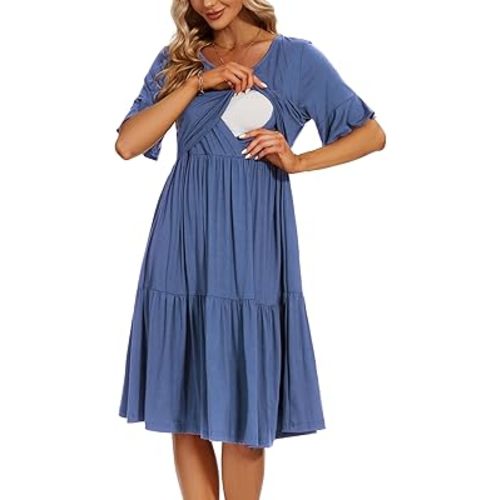 Smallshow Women's Maternity Nursing Dress Ruffle Short Sleeve Breastfeeding Clothes