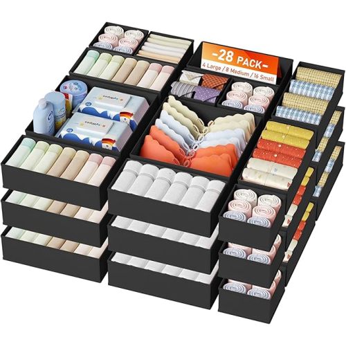 DIMJ Drawer Organizer Clothes, 26Pack Dresser Organizer, Foldable Closet Organizers and Storage, Fabric Dresser Bins, Drawer Dividers for Nursery, Baby Clothes, Underwears, Sock,Black