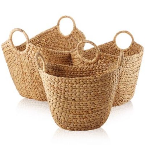 Casafield Set of 3 Water Hyacinth Boat Baskets with Handles - Natural, Woven Storage Organizers for Blankets, Laundry, Bathroom, Bedroom, Living Room
