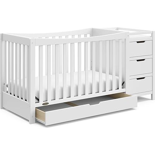 Graco Remi 5-in-1 Convertible Crib and Changer with Drawer (White) – GREENGUARD Gold Certified, Crib and Changing Table Combo with Drawer, Converts to Toddler Bed, Daybed and Full-Size Bed