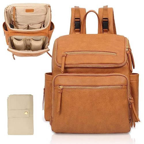 Omanmoli Diaper Bag Backpack Large Baby Diaper Bag Leather with 17 Diaper Bag Organizing Pouches,Changing Pad,Stroller Straps,4 Insulated Pockets,Honey