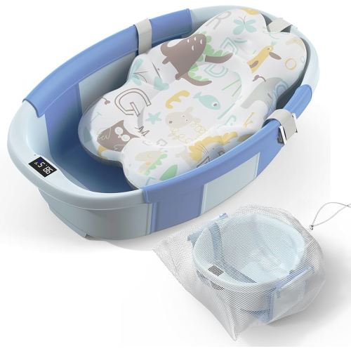 Collapsible Baby Bathtub - Large Baby Bath Tub with Thermometer & Cushion | Travel Portable Newborn Infant Bathtub | Foldable Toddler Bathtub for Baby 0 to 36 Months (Blue)