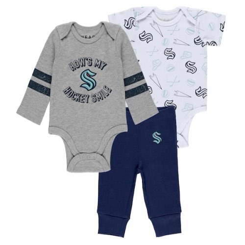 Newborn & Infant Seattle Kraken WEAR by Erin Andrews Gray/White/Navy Three-Piece Turn Me Around Bodysuit & Pants Set