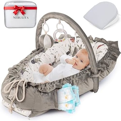 Newborn Lounger Bunny Gray - Flexible & Portable w/Infant Support Cushion, Soft & Breathable 100% Cotton - Multi-Use Supervised Baby Lounger for Floor, Travel, Changing Mat Alternative - Premium