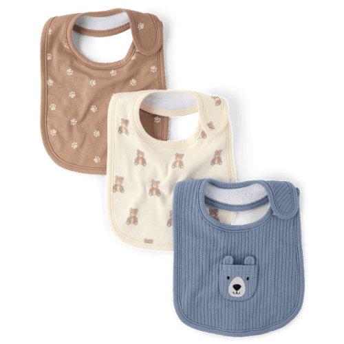 Baby Boys Embroidered Bear Bib 3-Pack - Cream