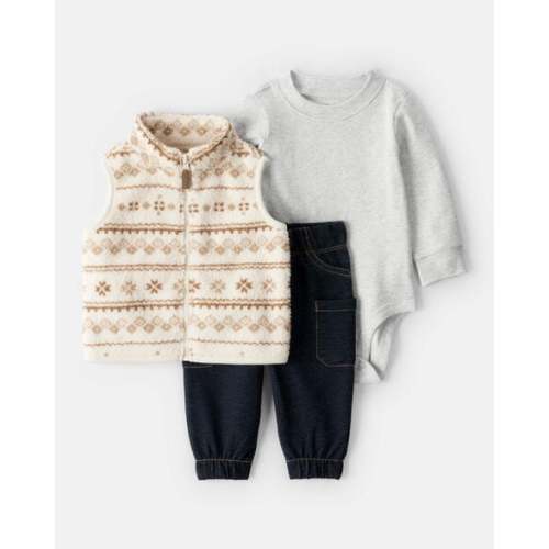 Baby Boy 3-Piece Fair Isle Sherpa Vest Outfit Set - Khaki | Carter's