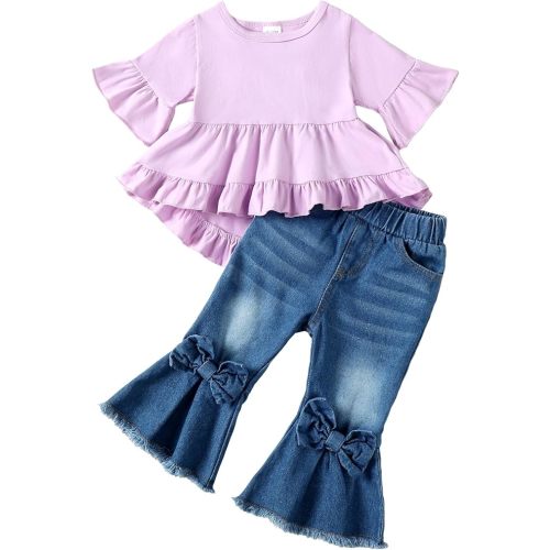Kucnuzki Toddler Baby Girls Clothes Long Sleeve Shirt Top Flare Denim Jeans Cute Outfit Baby Girl Fall Winter Clothes
