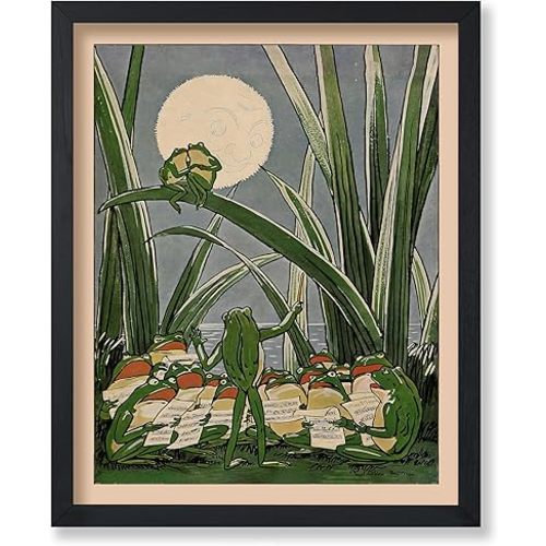 Poster Master Frogs Under The Moon - Frog Print - Lunar Art - Toad - Lake - Grass - Humorous - Funny Beach or Lake House Coastal Wall Decor - 8x10 UNFRAMED